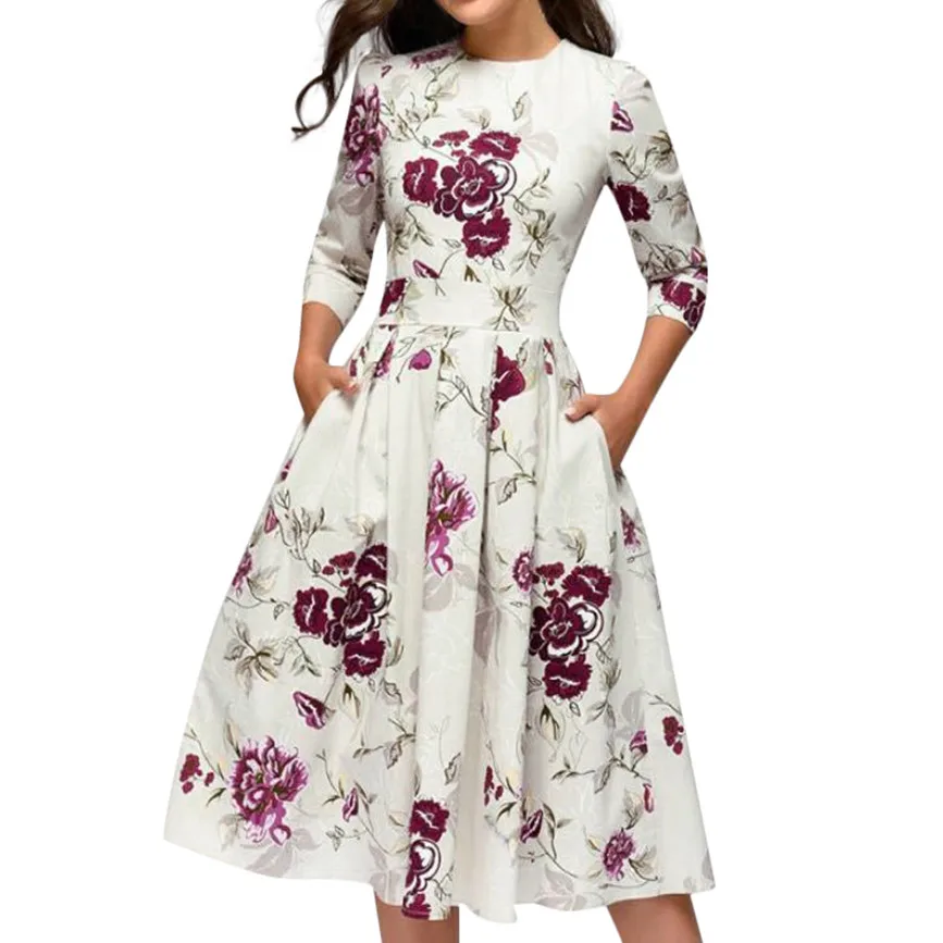 Women Elegent Dress Fashionable A-line Vintage Printing Evening Party Dress Womens Floral Printed Round Neck Parties Dresses