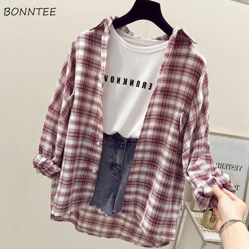 Shirts Women Plaid Long Sleeve All-match Trendy Korean Style Simple Daily Womens Clothing Loose Leisure Harajuku Soft Summer New