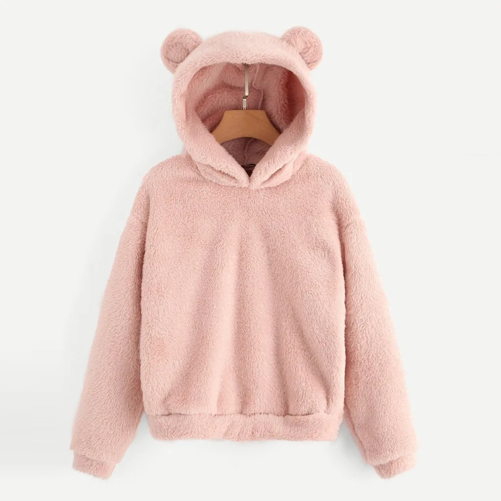 Winter Thick Warm Plush Coat Velvet Cashmere Women Hoody Sweatshirt Long Sleeve Fleece Warm Bear Shape Fuzzy Hoodie Pullover Top