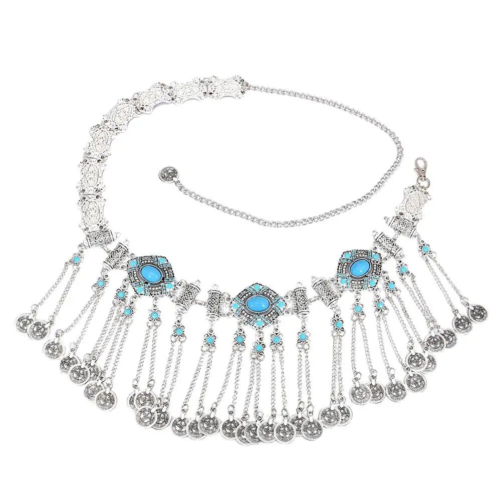 Afghan Alloy Blue Black Stone Belly Chains Hippie Coin Long Tassel Waist Chain Sexy Beach Dress Belt Women Body Jewelry