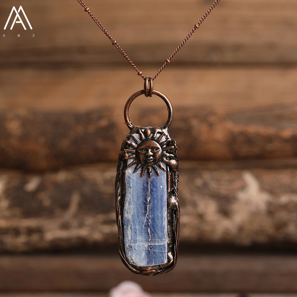 Natural Black Tourmaline Blue Kyanite Stone Bronze Chains Necklace For Women Fashion Necklace Jewelry Enegry Reiki Gift Dropship