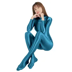 AMORESY Sexy Shiny Long Sleeve Full Length Oil Tights Smooth Running Overalls Yoga Zentai Casual Sport Suits Jumpsuits Catsuits