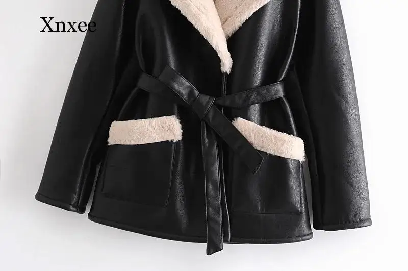 Women Fashion Winter Coat Thicken Warm Faux Leather Jacket Flat Collar Soft Imitation Wool Lining Jacket Parkas Female