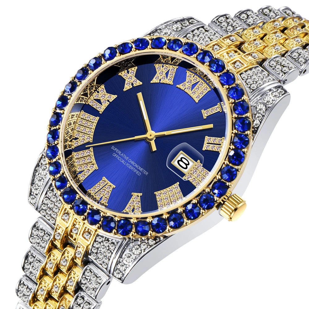 Iced Out Watch 남성 힙합 럭셔리 빅 록스/로마 숫자 패션 쿼츠 남성용 시계 방수 블링 다이아몬드 Relogio xfcs