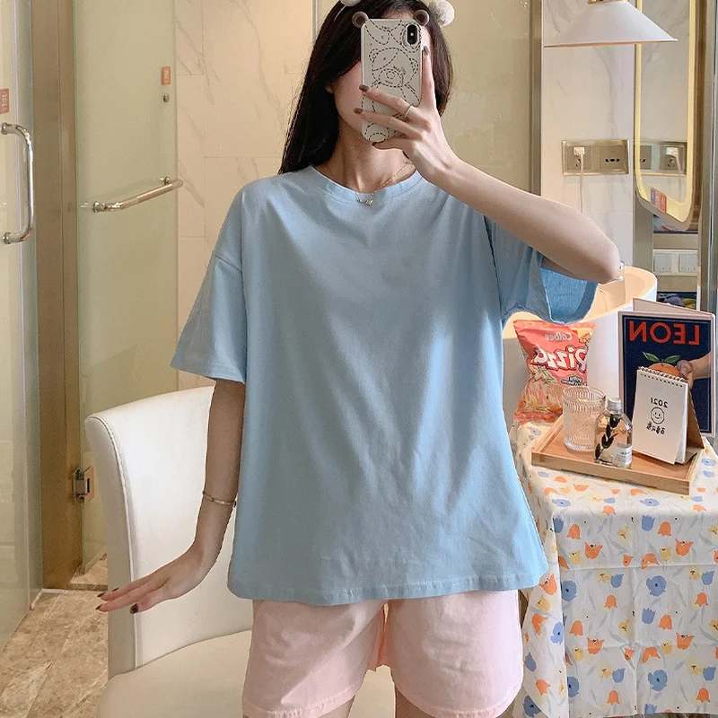 Pyjama Sets Frauen Kurzarm Tops und Shorts Sommer Nachtwäsche Koreanischen Stil Einfache Lose Täglich Hohe Qualität Nachtwäsche Pyjamas