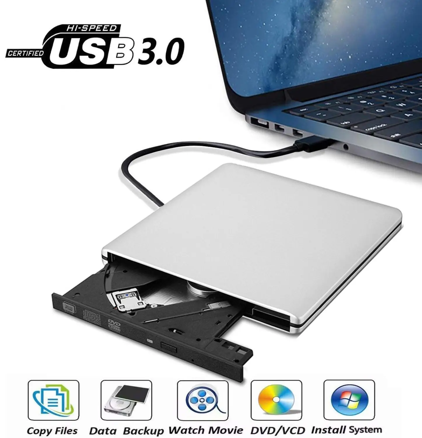 Portable Optical Drive Ultra Slim USB3.0 DVD Rewriter Burner External DVD Drive CD+/-RW DVD+/-RW Superdrive for Desktop/Notebook