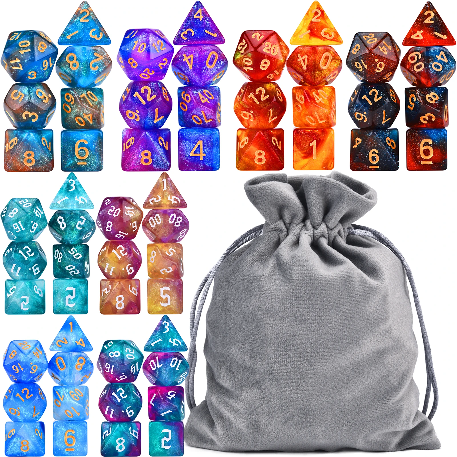 

56 PCS Intense and Bold Galaxy Glitter Polyhedral Dice for TRPG DND