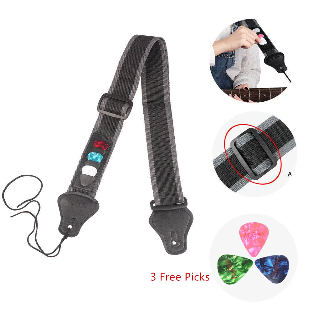 Electric Acoustic Guitar Strap Adjustable Nylon Strap with 3 Pick Plectrums Holders for Electric Acoustic Guitar Bass