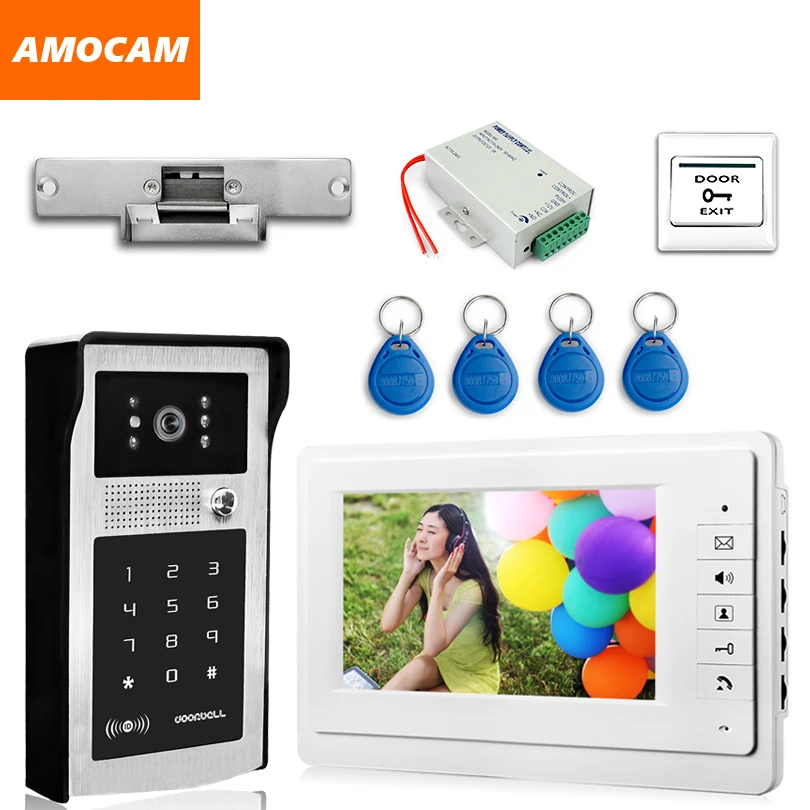 

7" Video Door Phone Intercom Doorbell System Kits Aluminum Alloy camera ID Card+Exit+Electric Door Strike Lock video doorphone