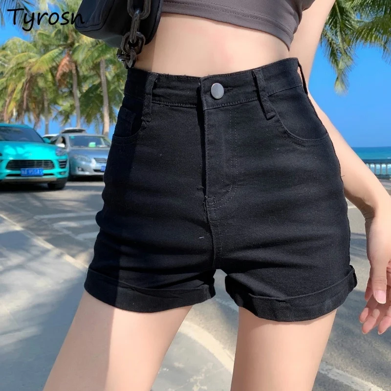 

Sheath Denim Shorts Women High Waist Slim Hot Solid All-match Elegant Ulzzang Roll-up Hem Streetwear Summer Femme Bm Sweet Ins