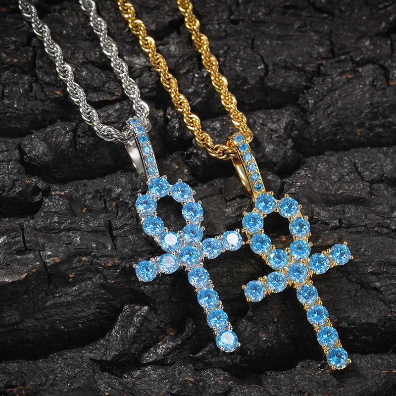 Hip Hop AAA+ Blue CZ Zircon Paved Bling Ice Out Ankh Cross Pendants Necklace for Women Men Rapper Jewelry Gold Color