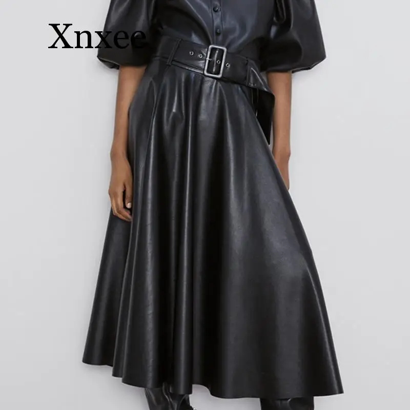 leather skirt women Buttons in women's skirts pu leather skirt  Elegant Tie Belt Skirts Female Ladies black mid-calf  pleated