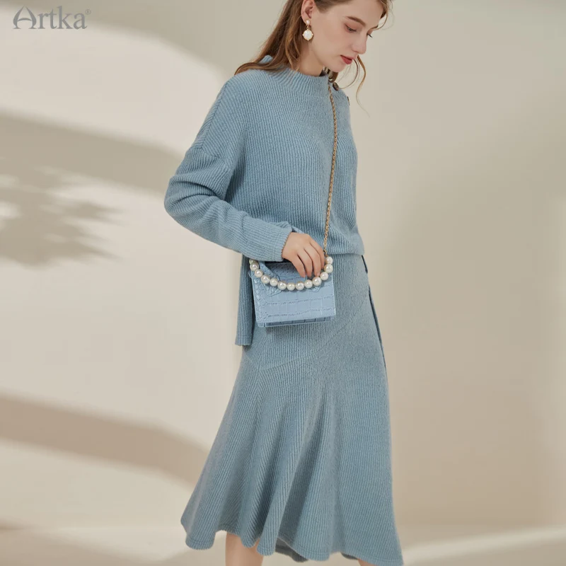 ARTKA 2021 Autumn New Women Sweater Set Elegant O-Neck Pullover Knitting Sweater Ruffle Midi Knitted Skirt 2 Piece Set VA20013D