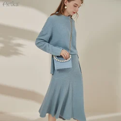 ARTKA 2021 Autumn New Women Sweater Set Elegant O-Neck  Pullover Knitting Sweater Ruffle Midi Knitted Skirt 2 Piece Set VA20013D