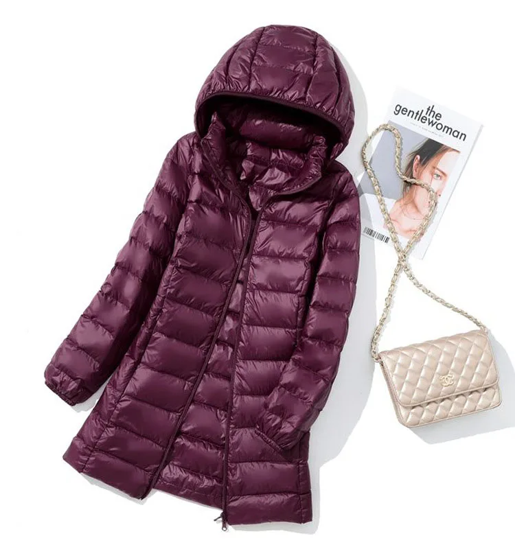 Schinteon M-7XL Women Down Jacket Ultralight White Duck Down Long Coat with Removable Hood Thin Slim Spring Autumn Outwear New