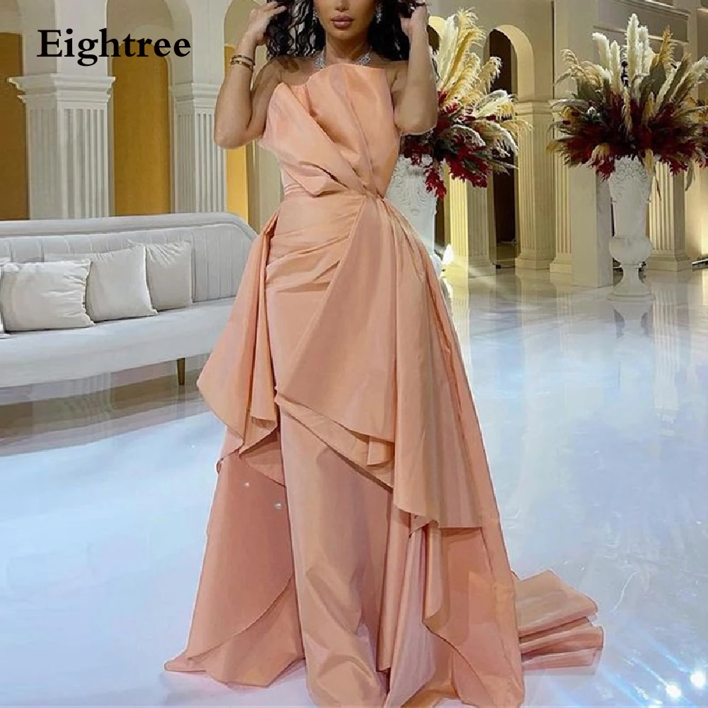 

2022 Dark Champagne Long Soft Evening Dress Strapless Sleeveless Formal Party Prom Gowns Arabic Dubai Dresses Vestidos de festa