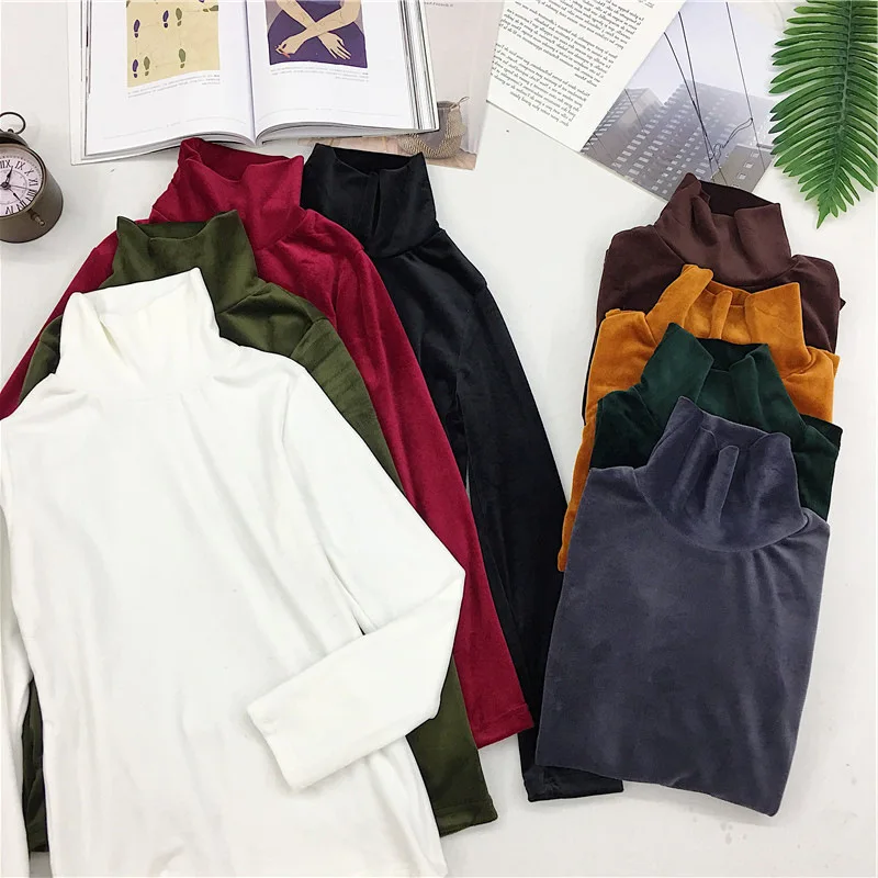 New Spring Women Turtleneck T Shirt Tees Warm Thick Velvet T-Shirts Female Bottoming Long Sleeve Shirt Tops