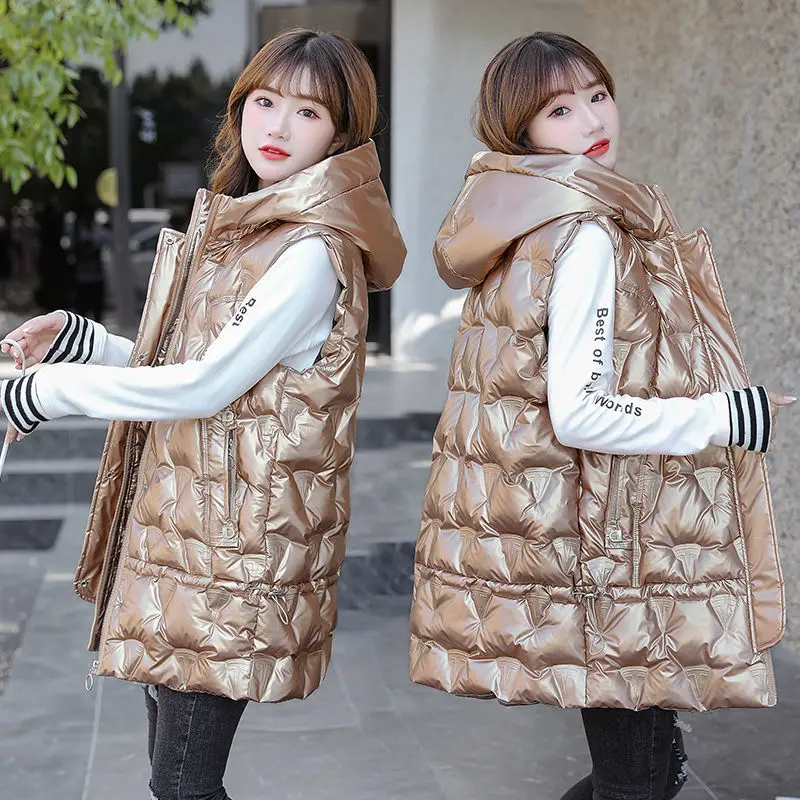 

2023 Autumn And Winter Glossy Vest Mid-Length Women Clothes Vest Thick Waistcoat Female Sleeveless Jacket