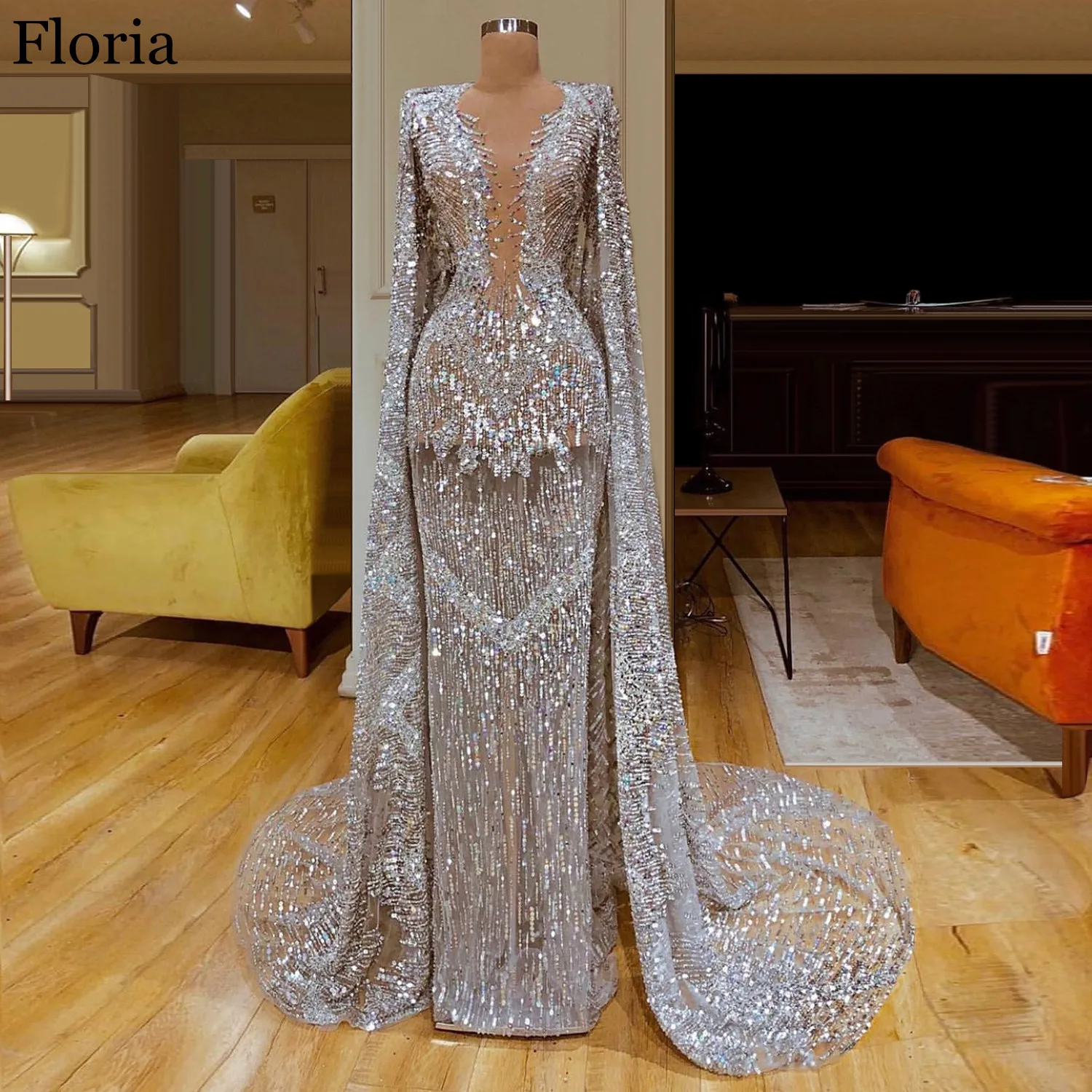 Glitter Long Cape Sleeve Celebrity Dress Dubai Runway Prom Party Dresses Evening Dresses Pageant Robe de mariee