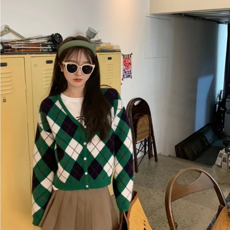 Cropped Cardigan Women Argyle Pattern Students College Knitted Sweater V-neck Spring Autumn Outwear Simple Vintage Loose Leisure