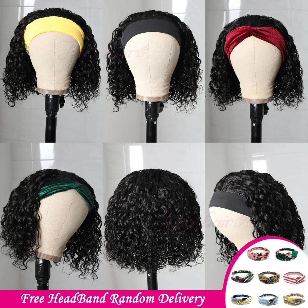 Headband Wigs for Black Women Synthetic Water Wave Curly Wig Glueless Half Wig with Headbands Attached Natural for Daily Use