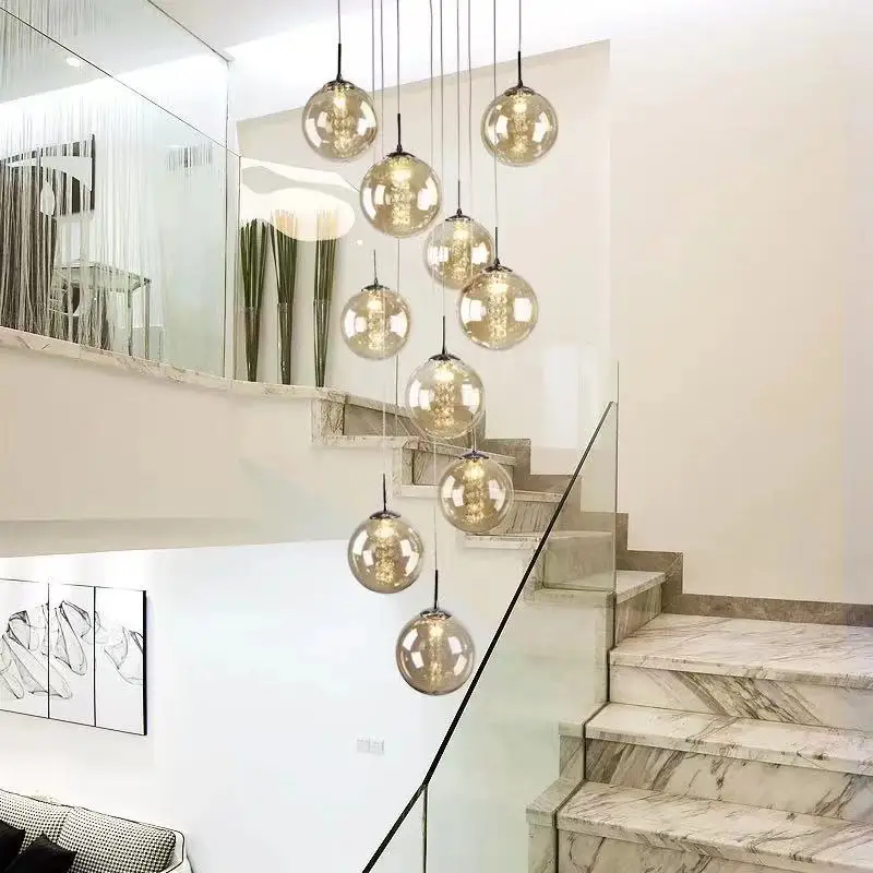 Nordic glass ball chandelier staircase black ball light spiral light g4 led staircase hotel chandelier villa lighting staircase