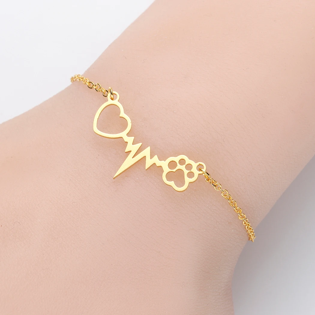 Kinitial New Heartbeat Dog Cat Paw Bracelets for Women Wrist Bangles Gifts For Nurse Doctor Jewelry Friendship Heart Bracelet