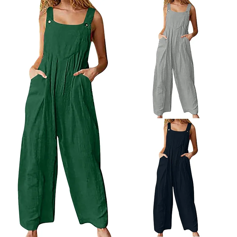 Women Summer Sleeveless Rompers Casual Loose Solid Colour Buttoned Suspender Jumpsuits Femme Overalls Full Length Jumpsuits