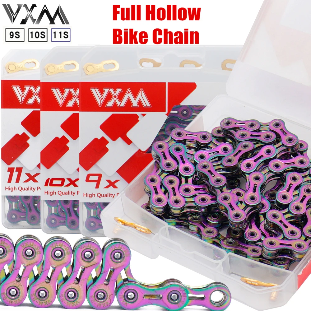 VXM Bicycle Chain Ultralight Electroplating colorful 116L 9/10/11S Quck Release MTB Road Bike Full Hollow 27/30/33 Speed Chains