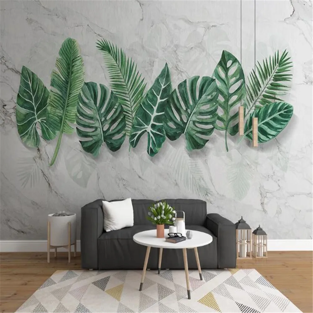 Milofi modern minimalist marble pattern hand-painted plant leaves bedroom living room wallpaper mural background wall