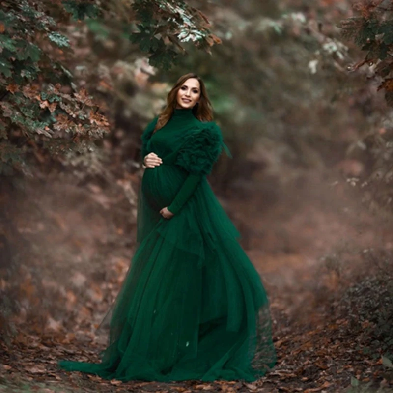 Elegant Dark Green Tiered Tulle Maternity Dress To Photography Demure High Neck Ruffles Long Sleeves Pregnant Women Robes Plus S