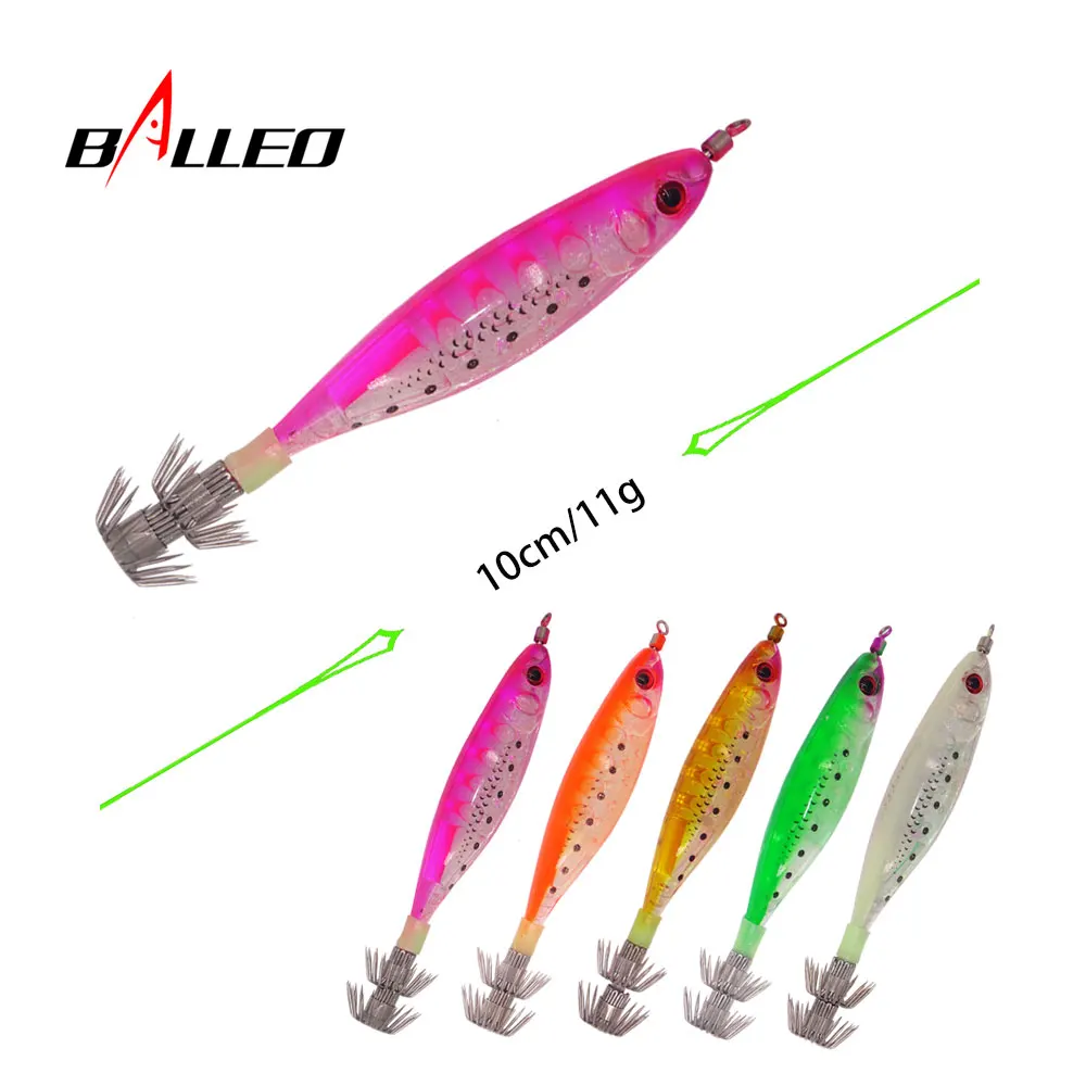 Balleo 1pcs Laser Squid Jig 10cm/11g Fishing Wood Shrimp Lure Cuttlefish Jigs Sharp chicken Claw hook Octopus Bait