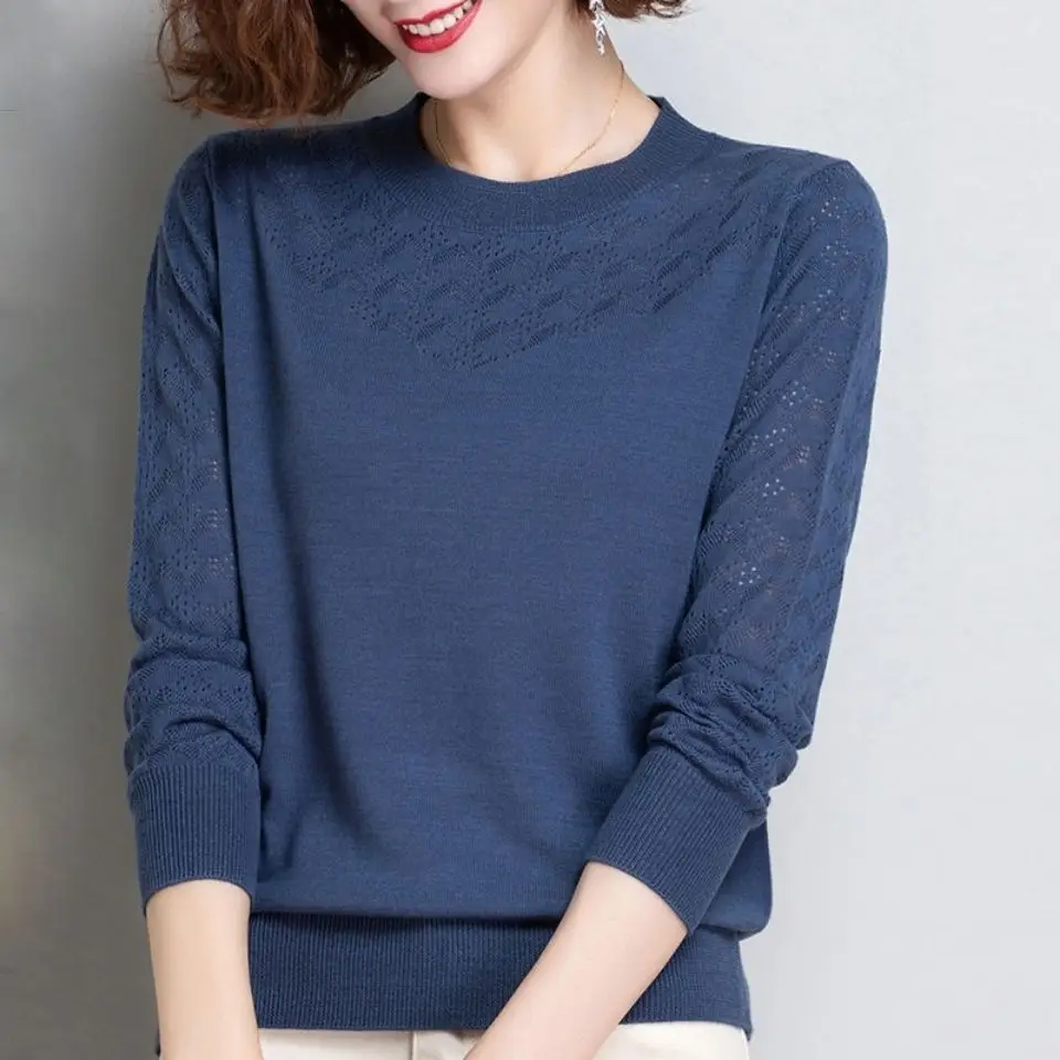 Hollow Thin Knitted Top Long-sleeved Women\'s Spring Bottoming Round Neck Pullover Sweater 2021 New Solid Tees Shirt