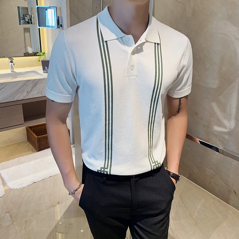 Stripe Contrast Color British Slim Lapel Ice Silk Ropa De Hombre Ropa Hombre Men's Short-sleeved 2020 Summer Knitted Polo Shirt