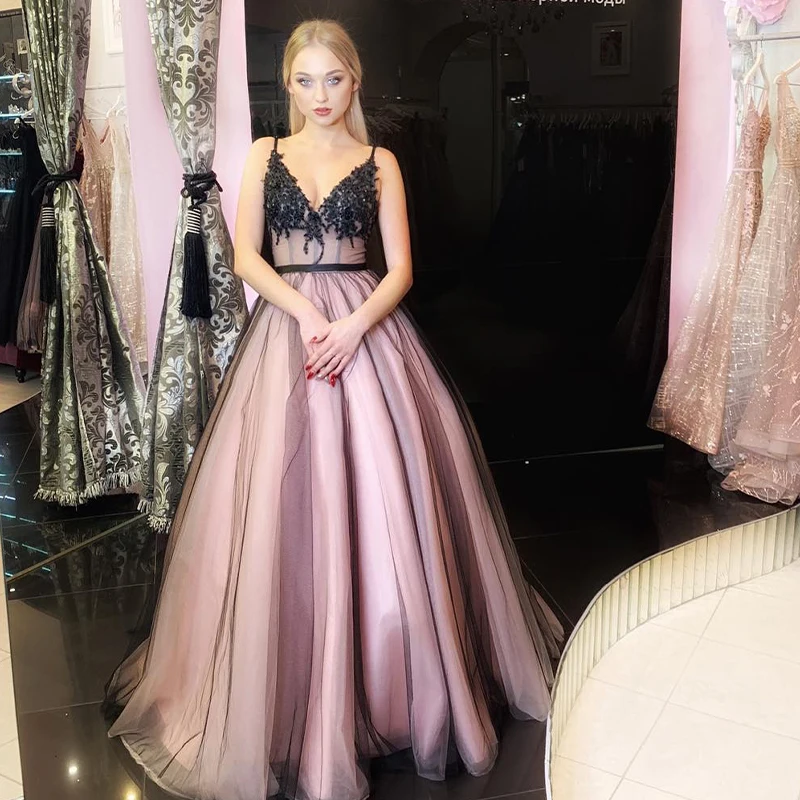 Linha a querida renda preto e lilás tule longo baile de formatura vestidos formais noite crescido vestido de formatura longo