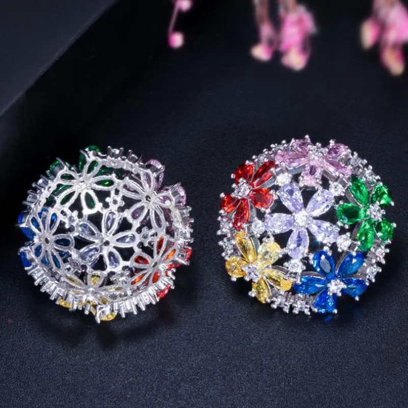 Fashion luxury Earrings woman Pin full crystal flower AAA Zircon Ear studs Colorful sparkling Cubic Zircon stud Earrings