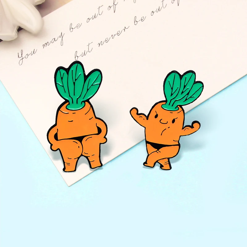 Creative Radish Carrot Man Brooches Bodybuilding Bikini Mr Radish Enamel Pins Funny Brooch For Women Kids Collar Lapel Jewelry