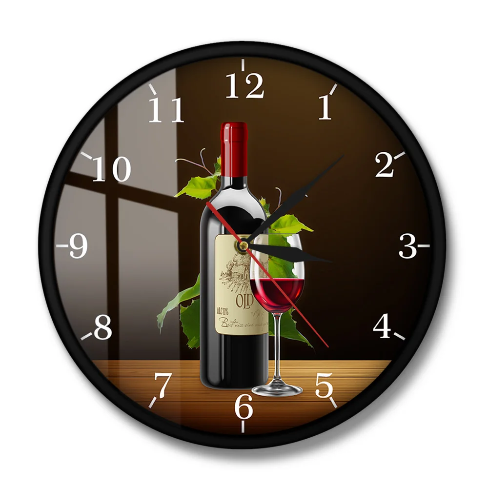 Red and White Wine Winery Drunkery Sign Modern Kitchen Wall Clock Bottles & Wineglasses With Grapes Home Bar Tavern Wall Clock