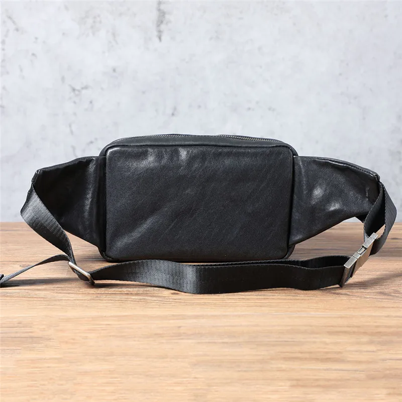 Casual fashion designer genuine leather men's black chest bag natural soft first layer cowhide waist pack daily messenger bag