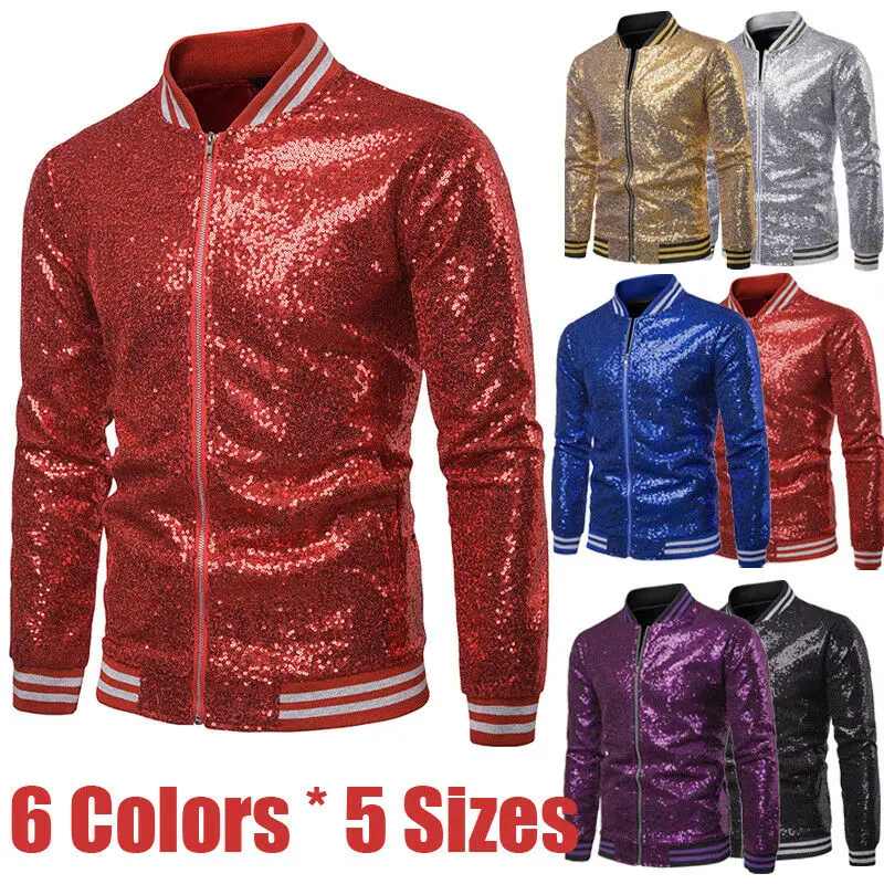 

Men Male Sequined Stylish Slim Long Sleeve Baseball Jacket Coat Zipper Coat Wedding Party Jacket Tuxedo Suit Coat Night Clubwear