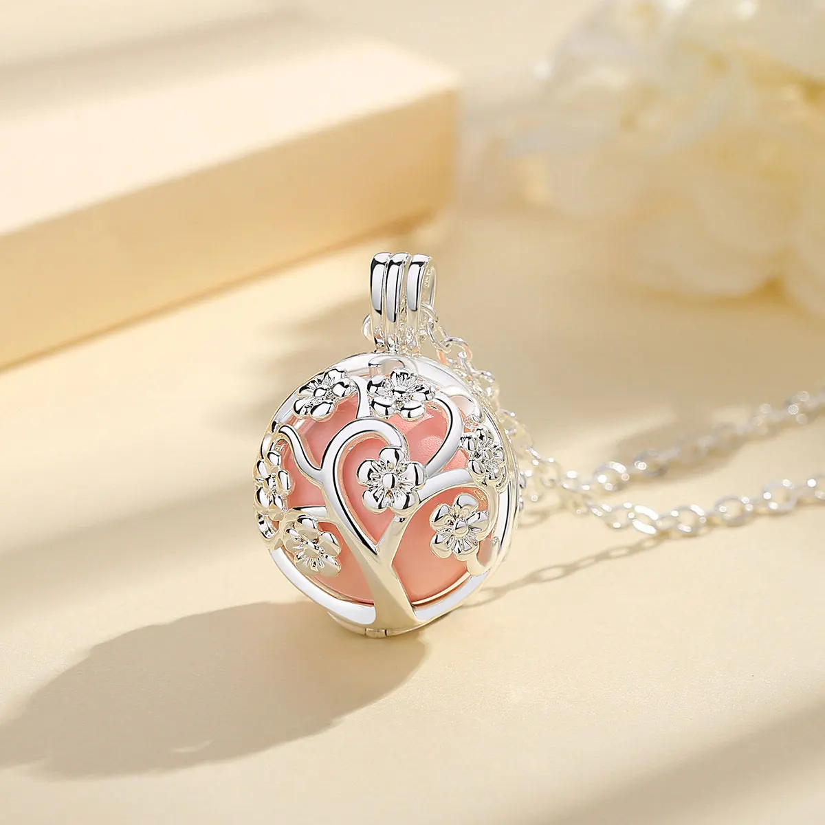 Eudora 18mm fashion Harmony Bola Ball Peach Tree Locket Cage Pendant fit Chime Ball sound Necklace Jewelry For Women K307N18