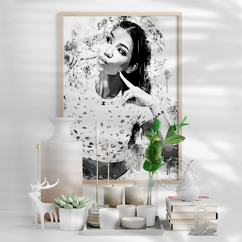 Jhene Aiko America Singer Printing Poster, Long Hair Goddess Black White Watercolour Prints, Minimalism Nordic Style Home Decor