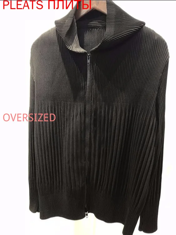 MIYAKE-Women's Long Sleeve Pleated Hooded Jacket, Monochromatic, Slim, Casual, Temperament, Thick, Korean, Autumn, Winter