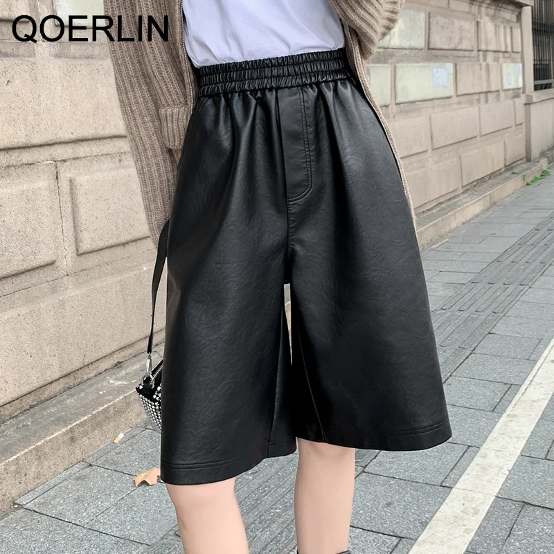 QoerliN-pantalones cortos de cuero sintético para mujer, ropa de calle informal de cintura alta, pierna ancha, prendas de vestir exteriores