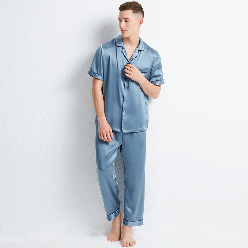 

Silky Pajamas Suit Men's 100% Silk Short Sleeve T-shirt&pants Suit Bridegroom Sexy Casual 2PCS Sleep Set Home Clothing Buttons