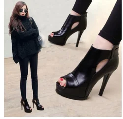 11cm Women Pumps Spring Fall Office Shoes Breathable Hollow Out Square Heel Boots Woman Platform Heels Party Wedding Shoes 34-43