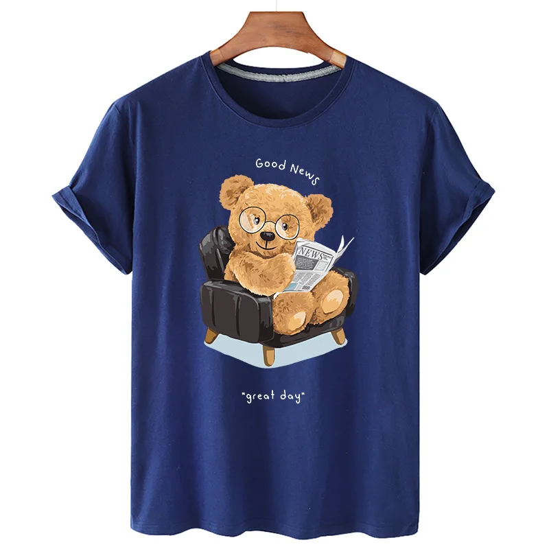 100% Cotton Reading Newspaper Bear Print Short-sleeved O-neck Loose T-shirt Blouse Plus Size T-shirt Men's And Women's Tops 4XL