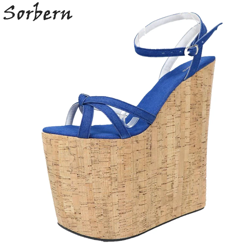 

Sorbern Extreme High Heel Wedges Women Sandals Shoes Denim 2019 Ladies Party Sandals Plus Size Custom Color US4-15