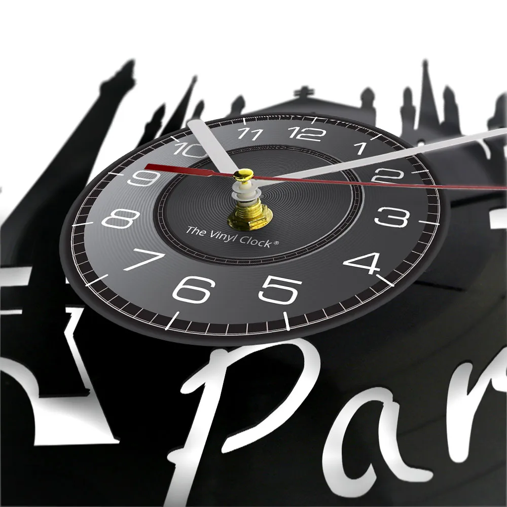 France Tourism Paris City Skyline Artwork Wall Clock Retro Vinyl Disk Crafts Home Decor Paris City Landscape Silent Wall Watch