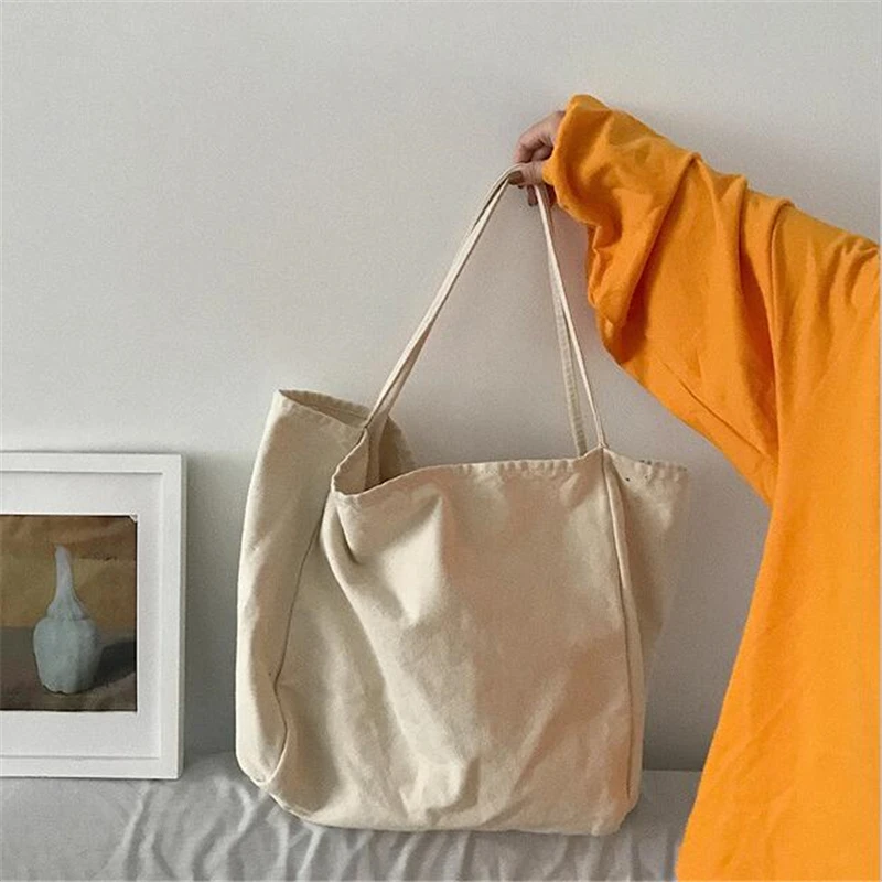 

Canvas Messenger Bag Women Big Capacity Shopping Handbag Simple Lady Shoulder Bag Solid Color Handle Bag Reusable Designer Tote